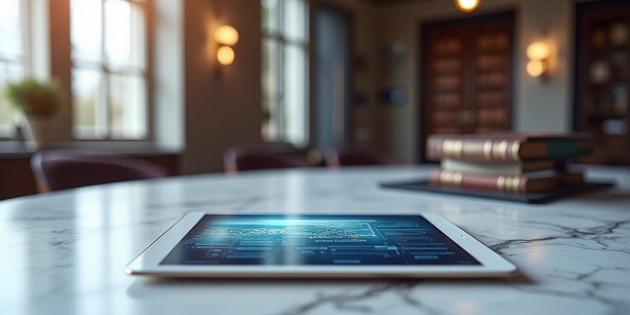 Professional legal office environment with documents and a digital tablet