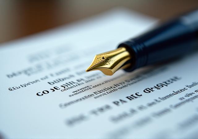 Close up of a premium fountain pen on a legal contract with a blurred London office background